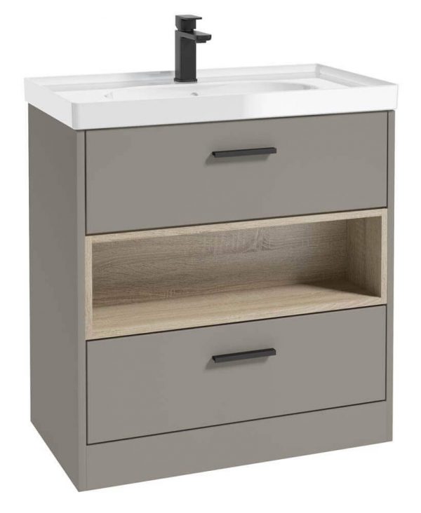  MALMO 80cm Two Drawer Matt Khaki Floor Standing Vanity Unit Gloss Basin - Matt Black Handle