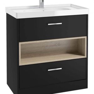 MALMO 80cm Two Drawer Matt Black Floor Standing Vanity Unit Gloss Basin - Brushed Chrome Handle