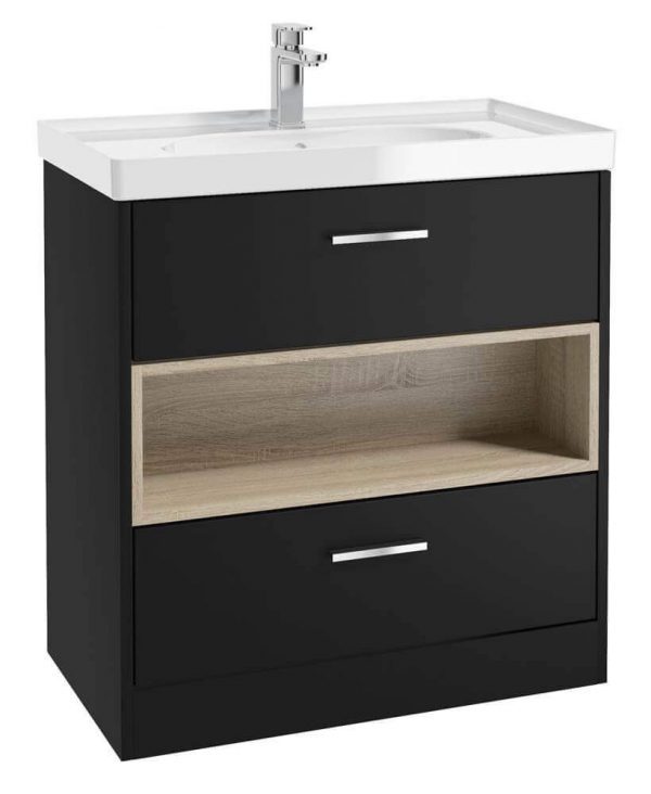  MALMO 80cm Two Drawer Matt Black Floor Standing Vanity Unit Gloss Basin - Brushed Chrome Handle