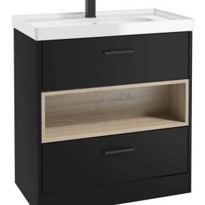 MALMO 80cm Two Drawer Matt Black Floor Standing Vanity Unit Gloss Basin - Matt Black Handle