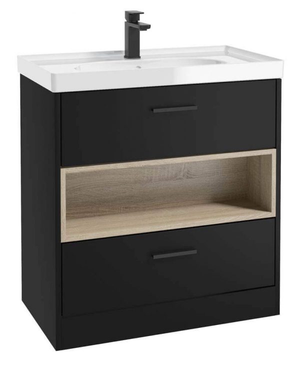  MALMO 80cm Two Drawer Matt Black Floor Standing Vanity Unit Gloss Basin - Matt Black Handle