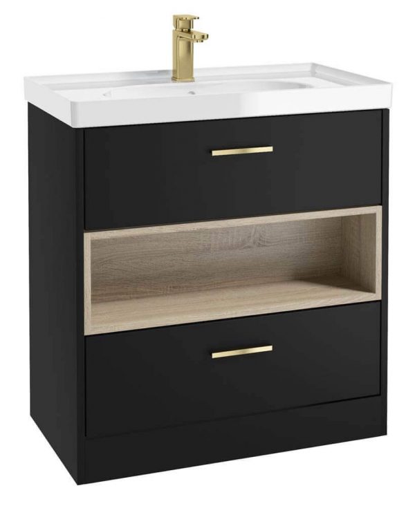  MALMO 80cm Two Drawer Matt Black Floor Standing Vanity Unit Gloss Basin - Brushed Gold Handle