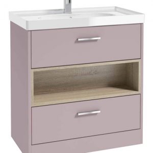 MALMO 80cm Two Drawer Matt Cashmere Pink Floor Standing Vanity Unit Gloss Basin - Brushed Chrome Handle