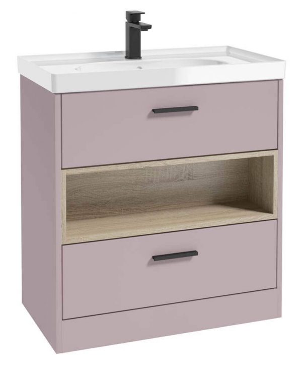  MALMO 80cm Two Drawer Matt Cashmere Pink Floor Standing Vanity Unit Gloss Basin - Matt Black Handle