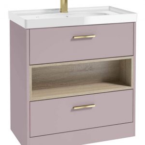 MALMO 80cm Two Drawer Matt Cashmere Pink Floor Standing Vanity Unit Gloss Basin - Brushed Gold Handle