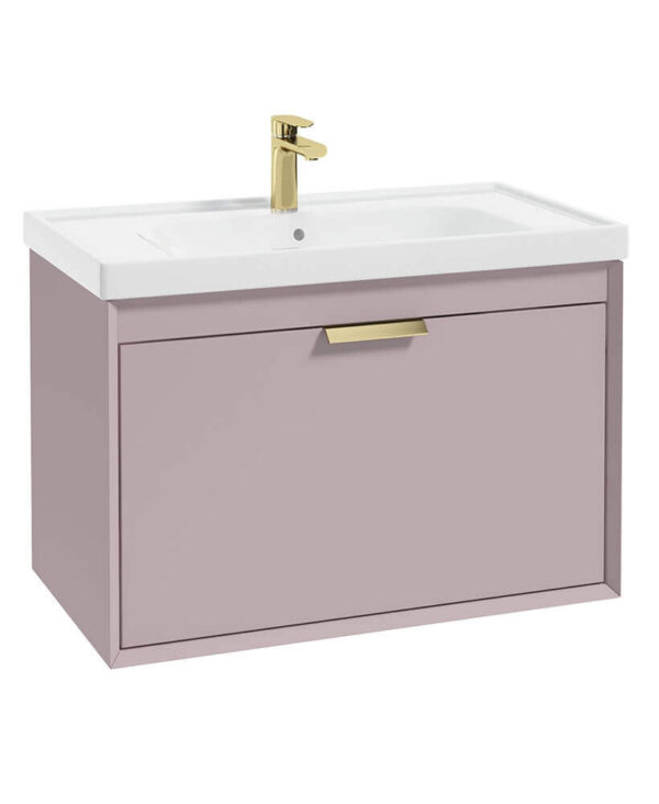  FJORD 80cm Matt Cashmere Pink Wall Hung Vanity Unit-Brushed Gold Handle