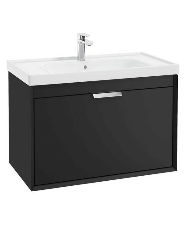  FJORD 80cm Matt Black Wall Hung Vanity Unit-Brushed Chrome Handle