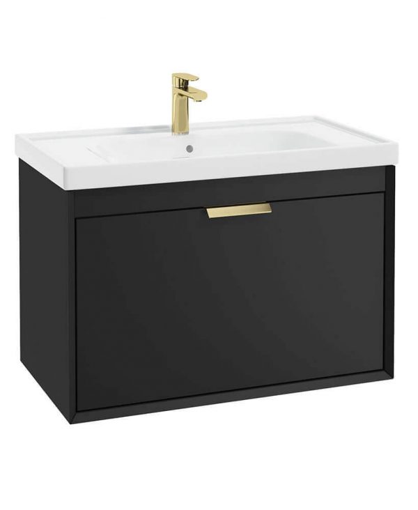  FJORD 80cm Matt Black Wall Hung Vanity Unit-Brushed Gold Handle