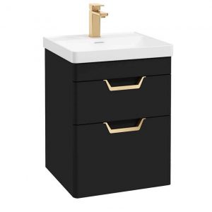 FREYA 50cm 2 Drawer Wall Hung Vanity Unit Matt Black-Gold Handle