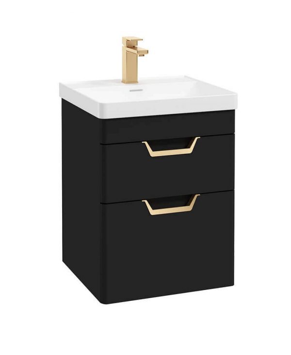  FREYA 50cm 2 Drawer Wall Hung Vanity Unit Matt Black-Gold Handle