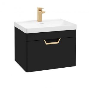 FREYA 60cm 1 Drawer Wall Hung Vanity Unit Matt Black-Gold Handle