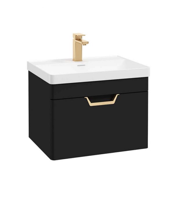  FREYA 60cm 1 Drawer Wall Hung Vanity Unit Matt Black-Gold Handle