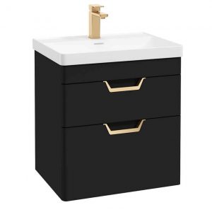 FREYA 60cm 2 Drawer Wall Hung Vanity Unit Matt Black-Gold Handle