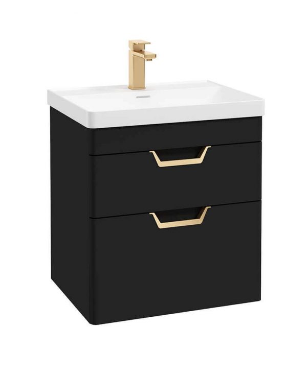  FREYA 60cm 2 Drawer Wall Hung Vanity Unit Matt Black-Gold Handle