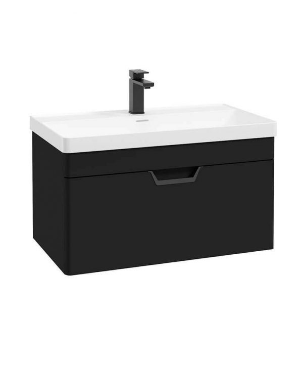  FREYA 80cm 1 Drawer Wall Hung Vanity Unit Matt Black-Matt Black Handle