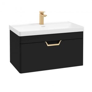 FREYA 80cm 1 Drawer Wall Hung Vanity Unit Matt Black-Gold Handle