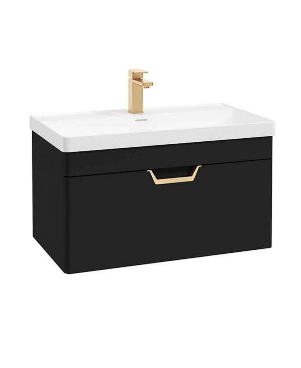  FREYA 80cm 1 Drawer Wall Hung Vanity Unit Matt Black-Gold Handle