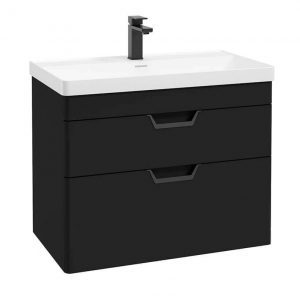 FREYA 80cm 2 Drawer Wall Hung Vanity Unit Matt Black-Matt Black Handle