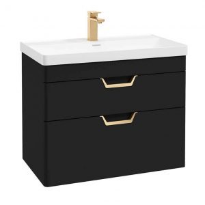 FREYA 80cm 2 Drawer Wall Hung Vanity Unit Matt Black-Gold Handle