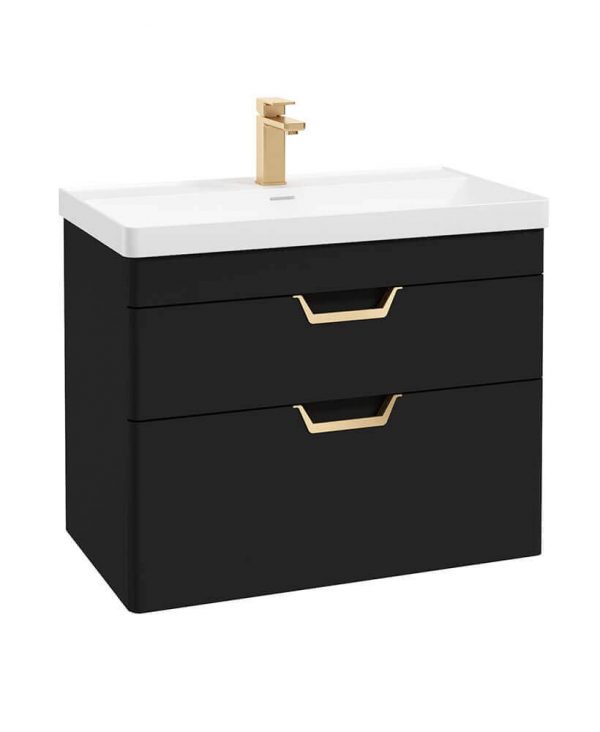  FREYA 80cm 2 Drawer Wall Hung Vanity Unit Matt Black-Gold Handle