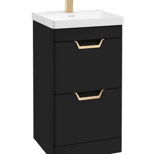 FREYA 50cm 2 Drawer Floor Standing Vanity Unit Matt Black-Gold Handle