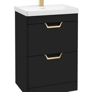 FREYA 60cm 2 Drawer Floor Standing Vanity Unit Matt Black-Gold Handle