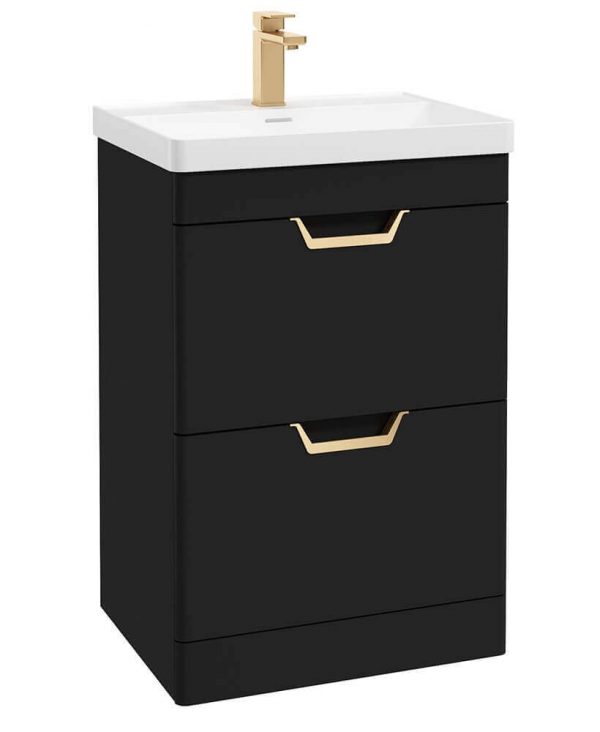  FREYA 60cm 2 Drawer Floor Standing Vanity Unit Matt Black-Gold Handle