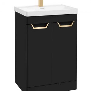 FREYA 60cm 2 Door Floor Standing Vanity Unit Matt Black-Gold Handle