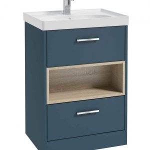 MALMO 60cm Two Drawer Matt Ocean Blue Floor Standing Vanity Unit Matt Basin- Brushed Chrome Handle