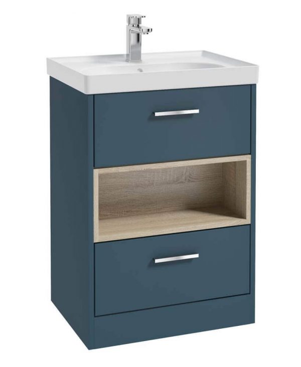  MALMO 60cm Two Drawer Matt Ocean Blue Floor Standing Vanity Unit Matt Basin- Brushed Chrome Handle