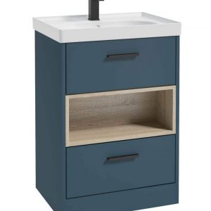 MALMO 60cm Two Drawer Matt Ocean Blue Floor Standing Vanity Unit Matt Basin- Matt Black Handle