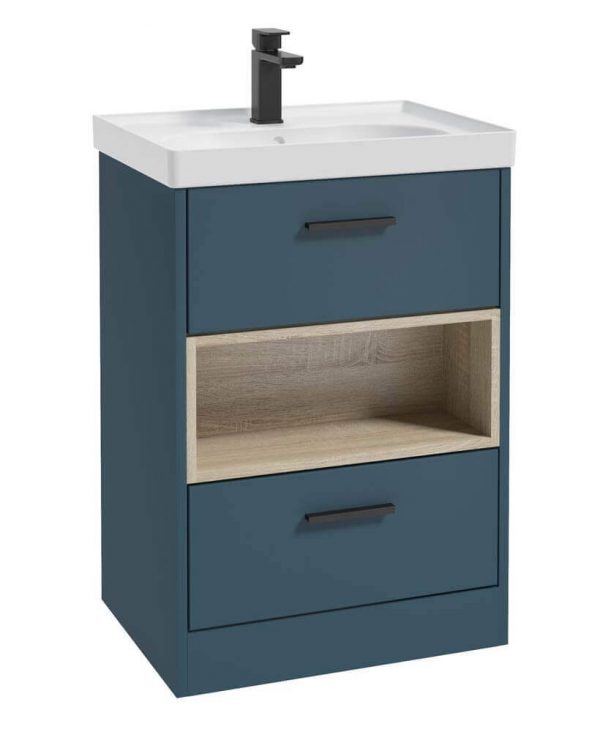  MALMO 60cm Two Drawer Matt Ocean Blue Floor Standing Vanity Unit Matt Basin- Matt Black Handle