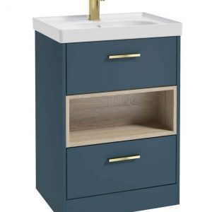 MALMO 60cm Two Drawer Matt Ocean Blue Floor Standing Vanity Unit Matt Basin- Brushed Gold Handle