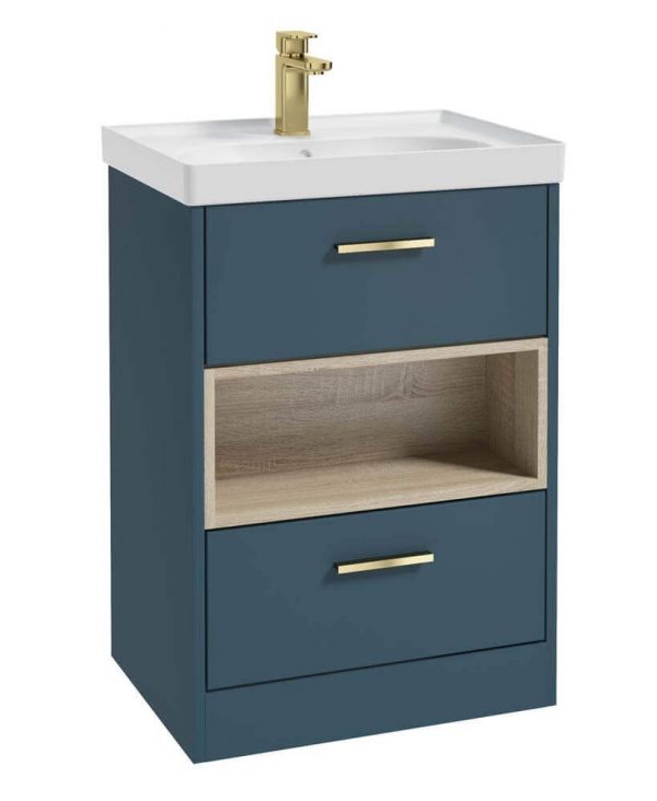  MALMO 60cm Two Drawer Matt Ocean Blue Floor Standing Vanity Unit Matt Basin- Brushed Gold Handle