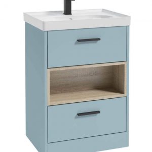 MALMO 60cm Two Drawer Matt Morning Sky Blue Floor Standing Vanity Unit Matt Basin- Matt Black Handle