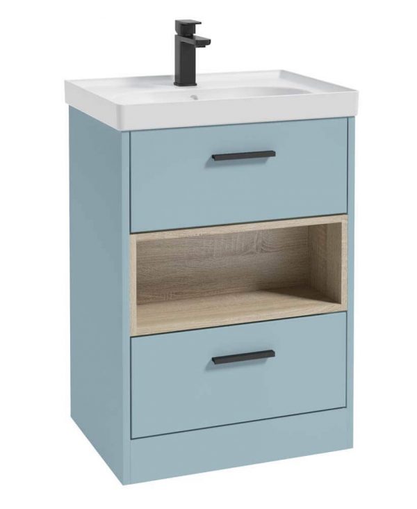  MALMO 60cm Two Drawer Matt Morning Sky Blue Floor Standing Vanity Unit Matt Basin- Matt Black Handle