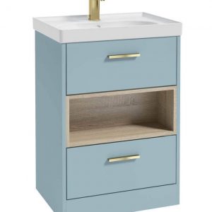 MALMO 60cm Two Drawer Matt Morning Sky Blue Floor Standing Vanity Unit Matt Basin- Brushed Gold Handle