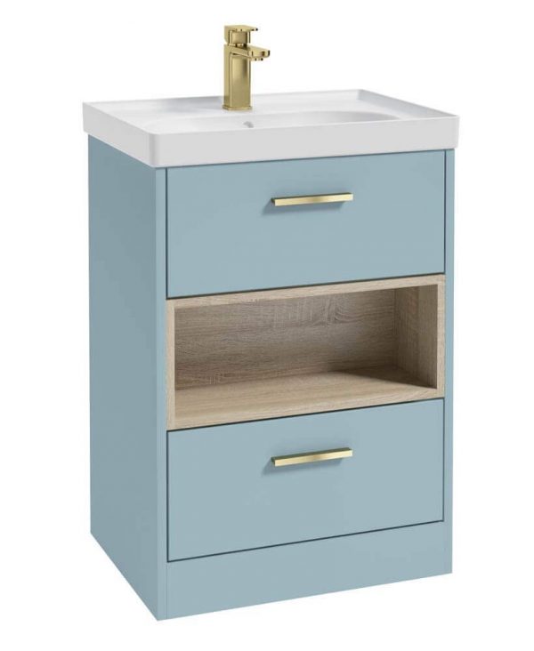  MALMO 60cm Two Drawer Matt Morning Sky Blue Floor Standing Vanity Unit Matt Basin- Brushed Gold Handle