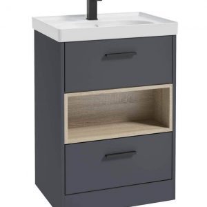 MALMO 60cm Two Drawer Matt Night Sky Blue Floor Standing Vanity Unit Matt Basin- Matt Black Handle