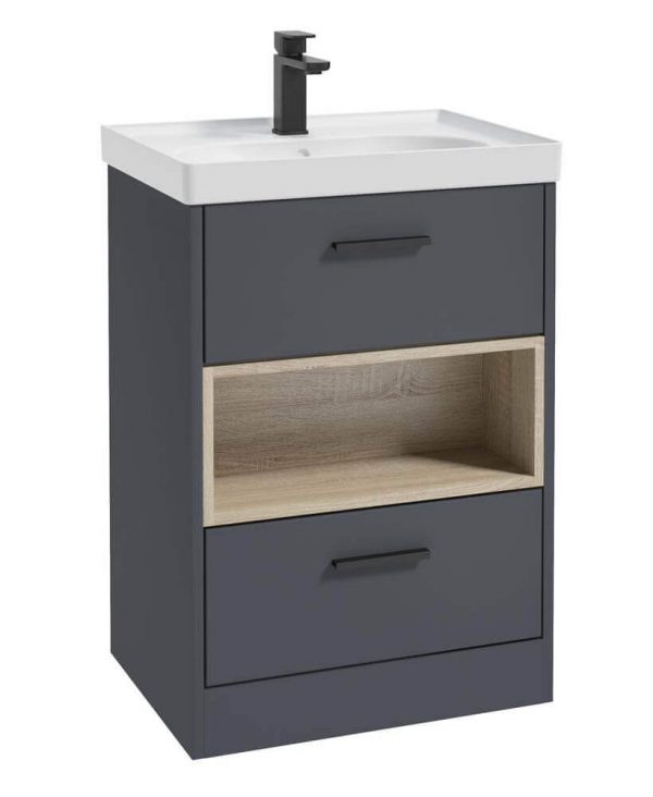  MALMO 60cm Two Drawer Matt Night Sky Blue Floor Standing Vanity Unit Matt Basin- Matt Black Handle