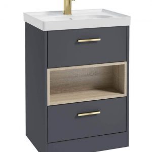 MALMO 60cm Two Drawer Matt Night Sky Blue Floor Standing Vanity Unit Matt Basin- Brushed Gold Handle