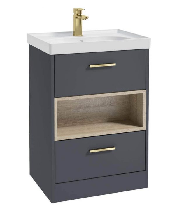  MALMO 60cm Two Drawer Matt Night Sky Blue Floor Standing Vanity Unit Matt Basin- Brushed Gold Handle