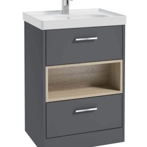 MALMO 60cm Two Drawer Matt Midnight Grey Floor Standing Vanity Unit Matt Basin- Brushed Chrome Handle