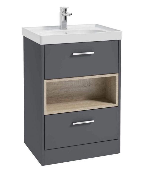  MALMO 60cm Two Drawer Matt Midnight Grey Floor Standing Vanity Unit Matt Basin- Brushed Chrome Handle