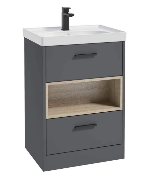  MALMO 60cm Two Drawer Matt Midnight Grey Floor Standing Vanity Unit Matt Basin - Matt Black Handle