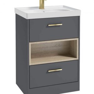 MALMO 60cm Two Drawer Matt Midnight Grey Floor Standing Vanity Unit Matt Basin- Brushed Gold Handle