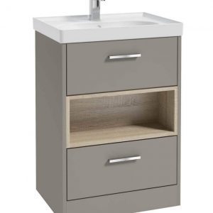 MALMO 60cm Two Drawer Matt Khaki Floor Standing Vanity Unit Matt Basin- Brushed Chrome Handle