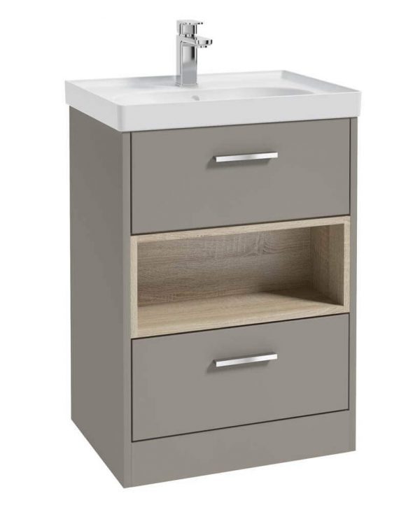  MALMO 60cm Two Drawer Matt Khaki Floor Standing Vanity Unit Matt Basin- Brushed Chrome Handle