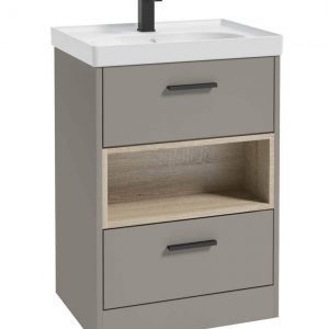 MALMO 60cm Two Drawer Matt Khaki Floor Standing Vanity Unit Matt Basin- Matt Black Handle