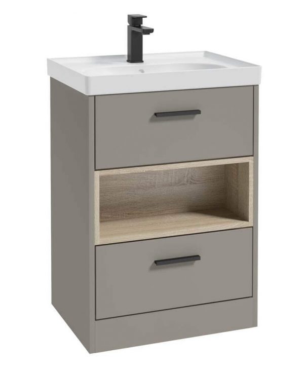  MALMO 60cm Two Drawer Matt Khaki Floor Standing Vanity Unit Matt Basin- Matt Black Handle